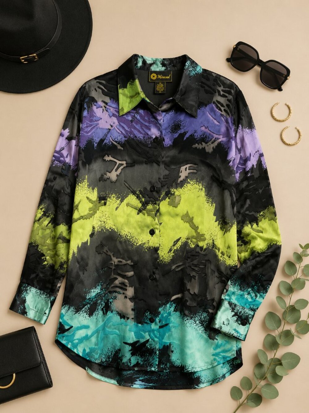 Mirasol Abstract Silk Blend Button Front Blouse XL Art To Wear Top
